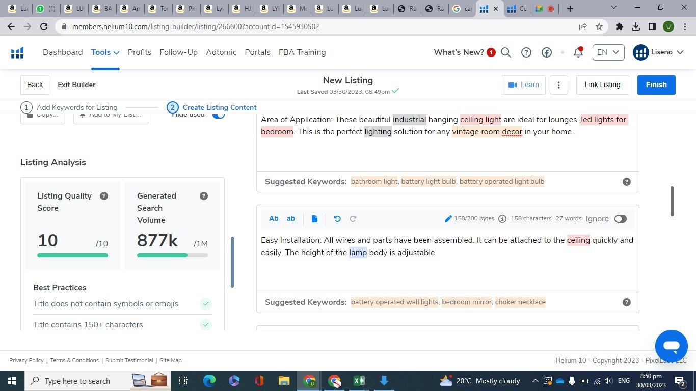 Updated Helium 10 listing screenshot with listing quality score 10 out of 10